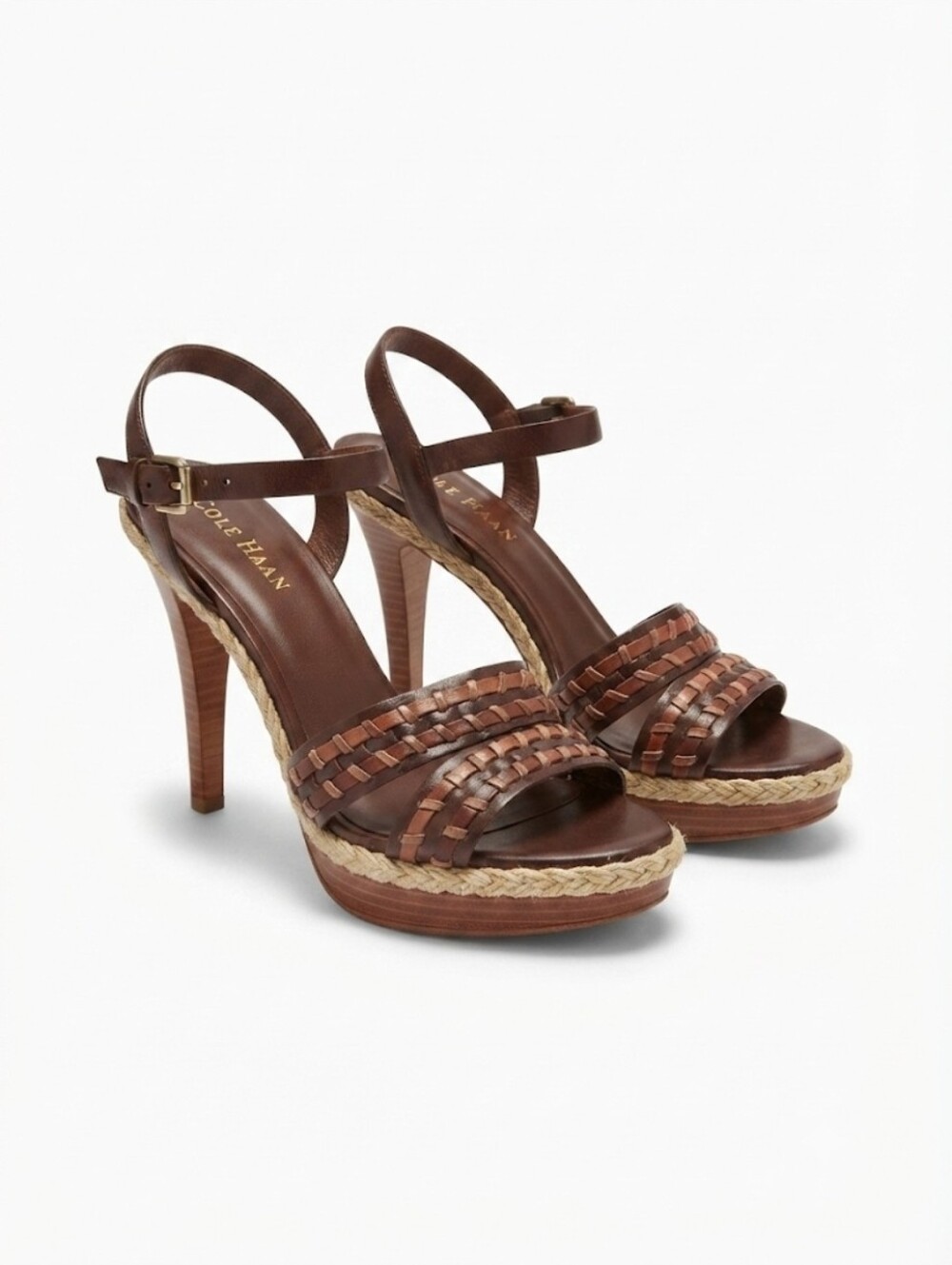 Cole Haan Vanessa Brown Woven Leather Platform Stiletto Heeled Sandals Size 8.5